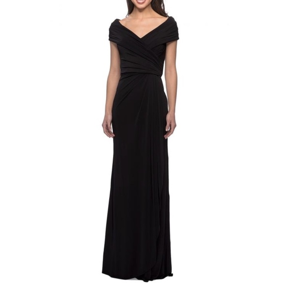 NWT La Femme 26519 Jersey Pleated Bodice Ruched Gown in Black Sz. 16 - Picture 2 of 3